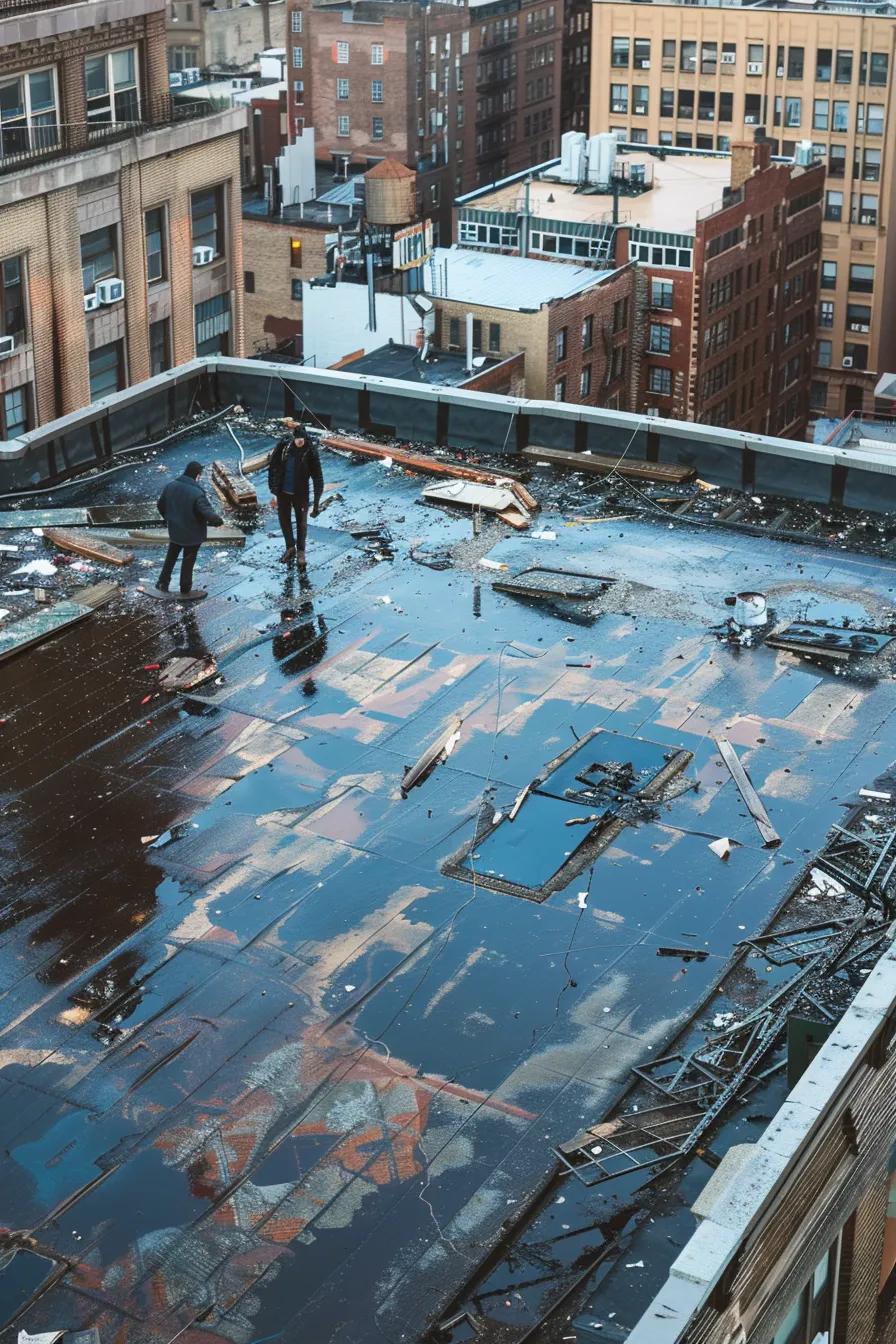 Adjustering team assessing storm damage on an urban roof