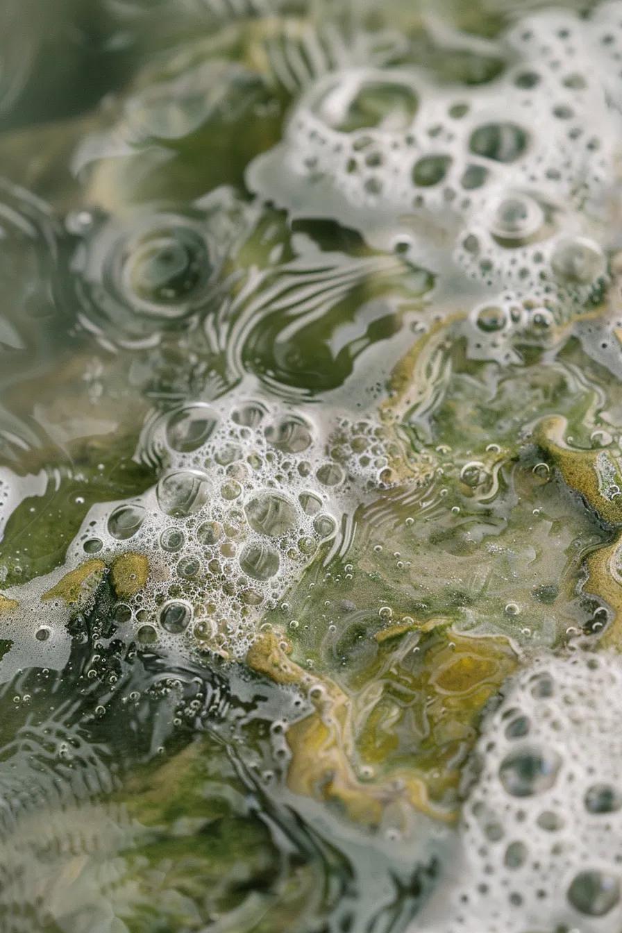 Close-up of biodegradable soft-wash solution breaking down algae and mildew on a surface