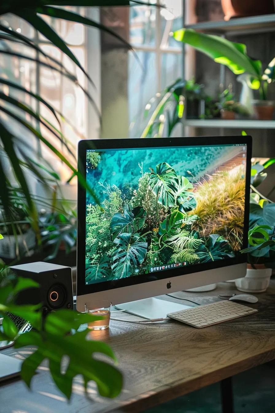 Workspace showing a computer with flooring marketing plans and visuals