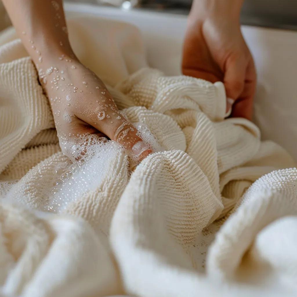 Hands washing bamboo sheets with a gentle, eco-friendly detergent — showing careful fabric care