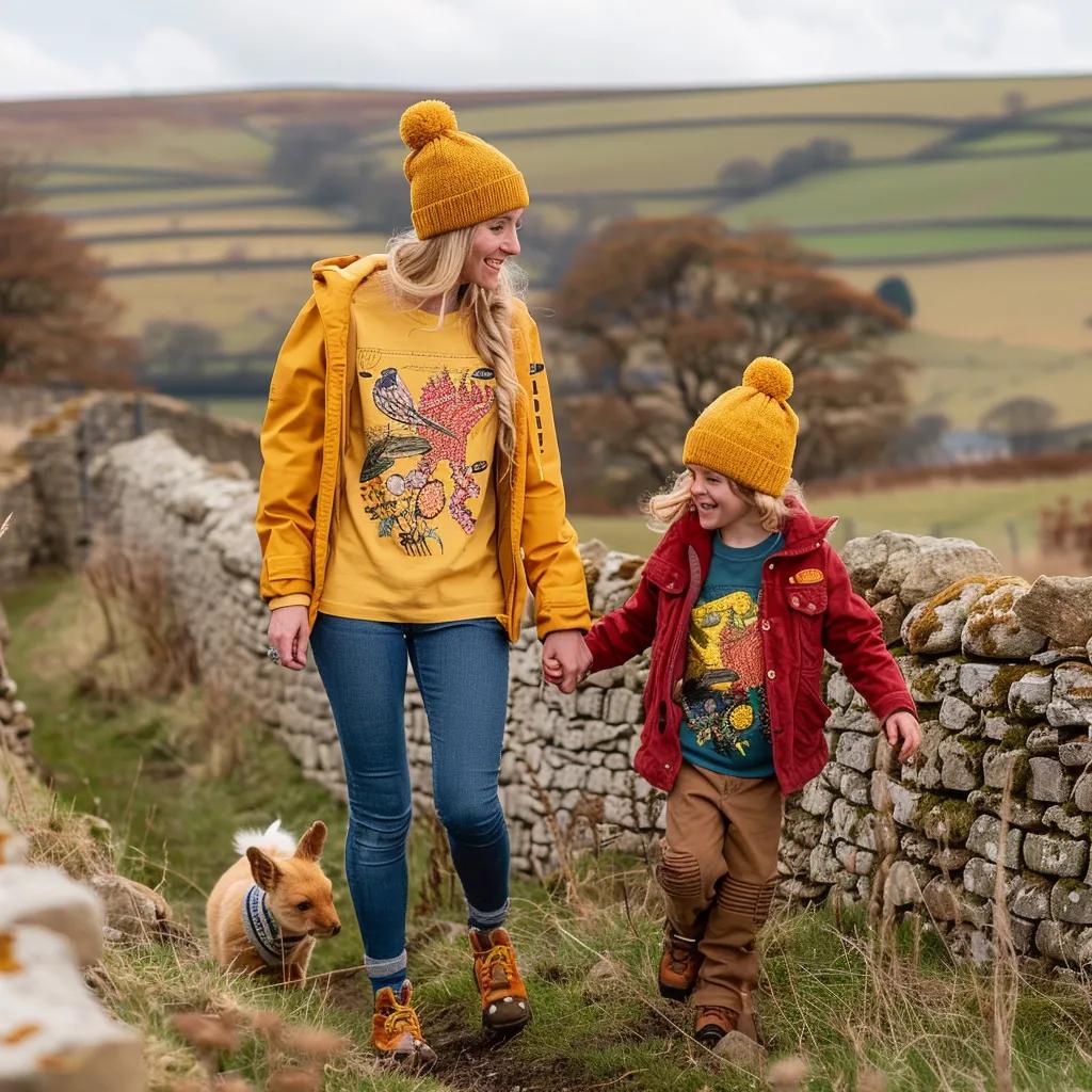 Family wearing Yorkshire Yarn Yell rugged apparel in a scenic Yorkshire landscape, showcasing artistic designs and outdoor engagement