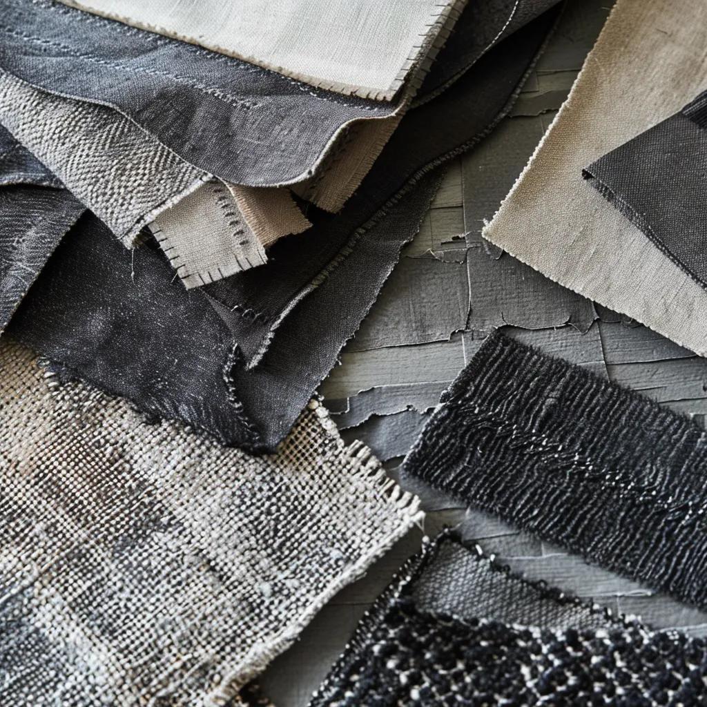 Close-up of fabric swatches showcasing heavy-weight cotton and pigment-dyed finishes in industrial chic clothing