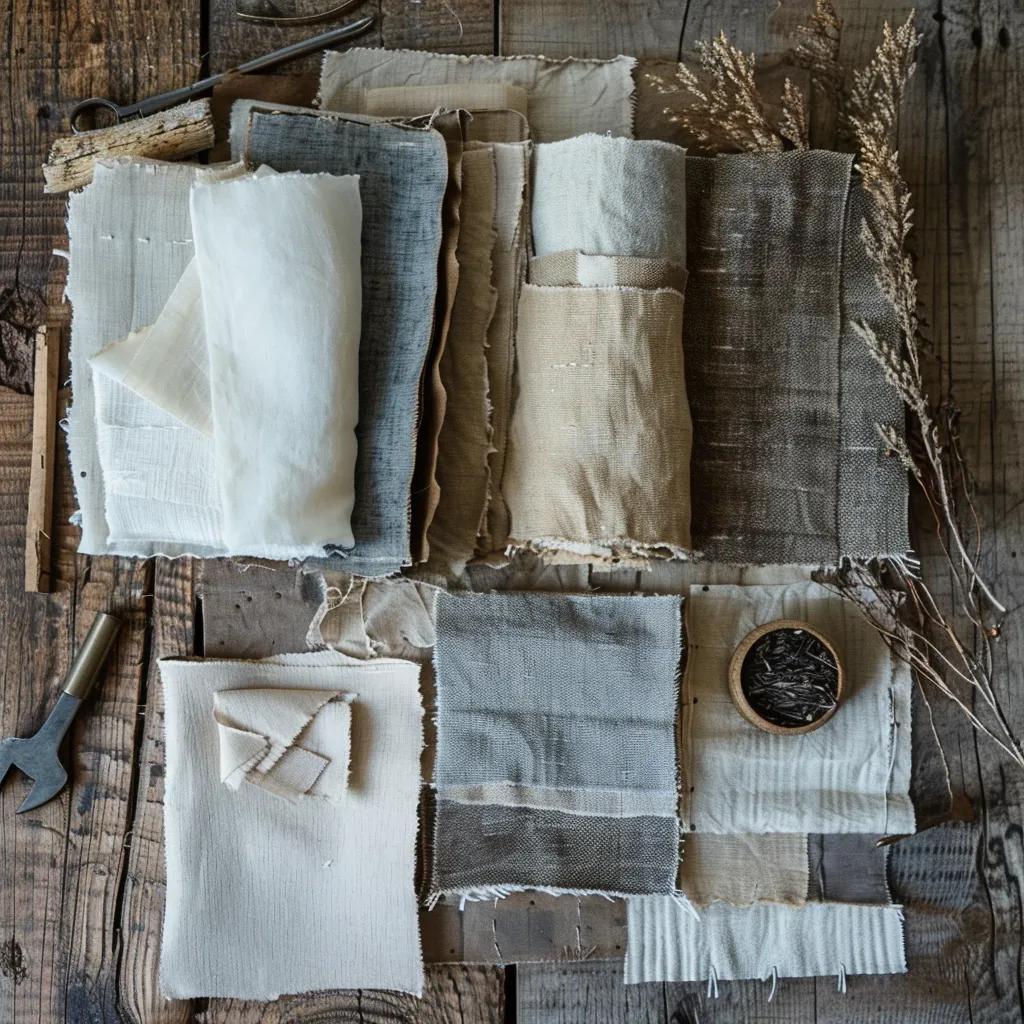 Arrangement of sustainable fabric swatches for Sheffield industrial heritage apparel, highlighting eco-friendly materials and textures.