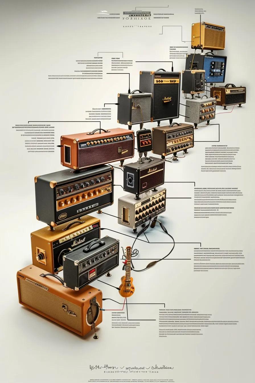 A visual timeline illustrating the evolution of guitar amplifiers, from early valve designs to modern digital modelling units