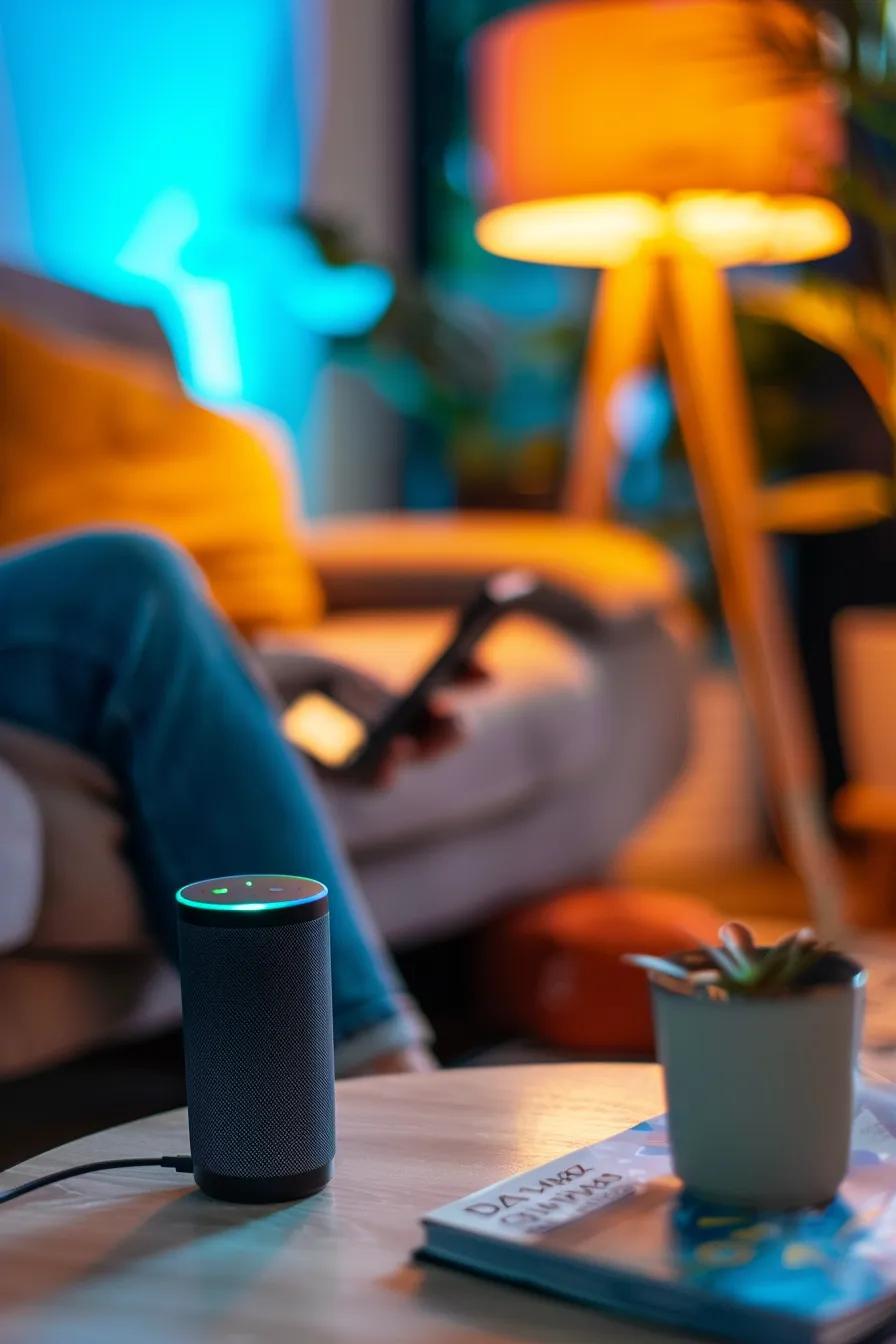 Person using a voice assistant device at home Person using a voice assistant device at home