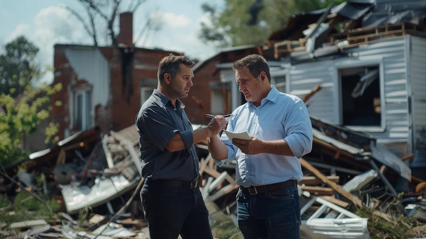 Public Adjuster inspecting damaged property with policyholder