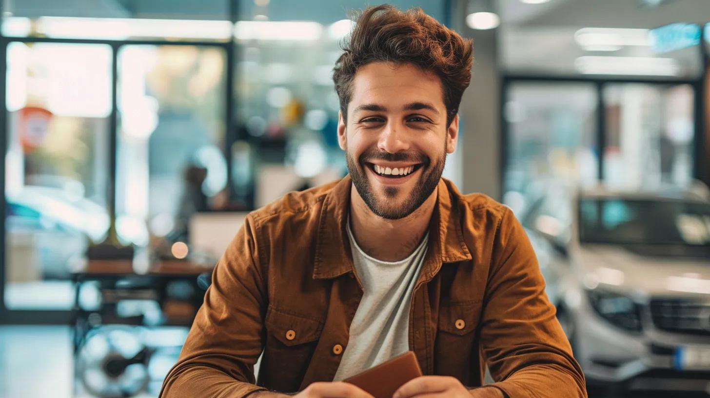 guy in a driving school reception desk holding a wallet and looking happy
