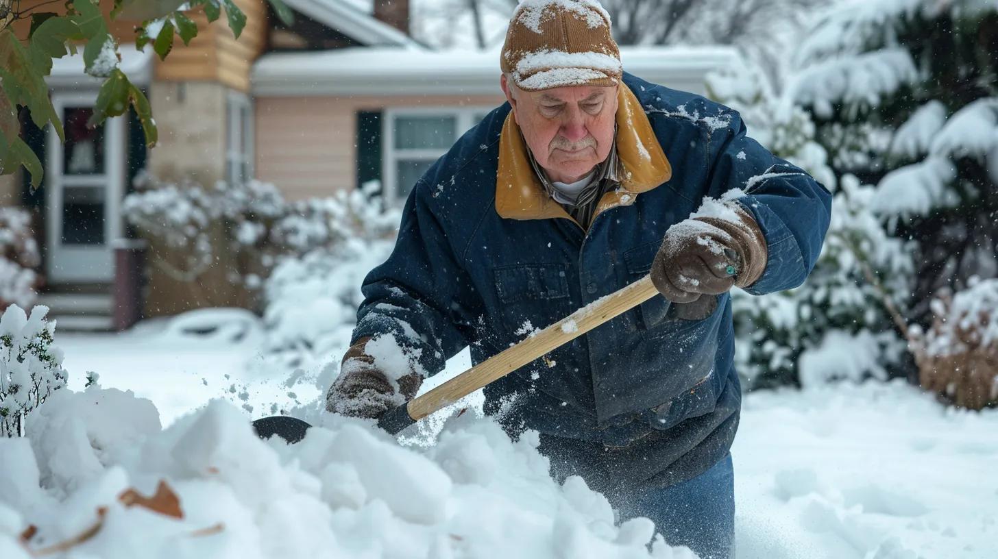 Man shoveling snow in a residential area, illustrating the challenges of winter weather in Colorado and the benefits of heated driveways for safety and convenience.