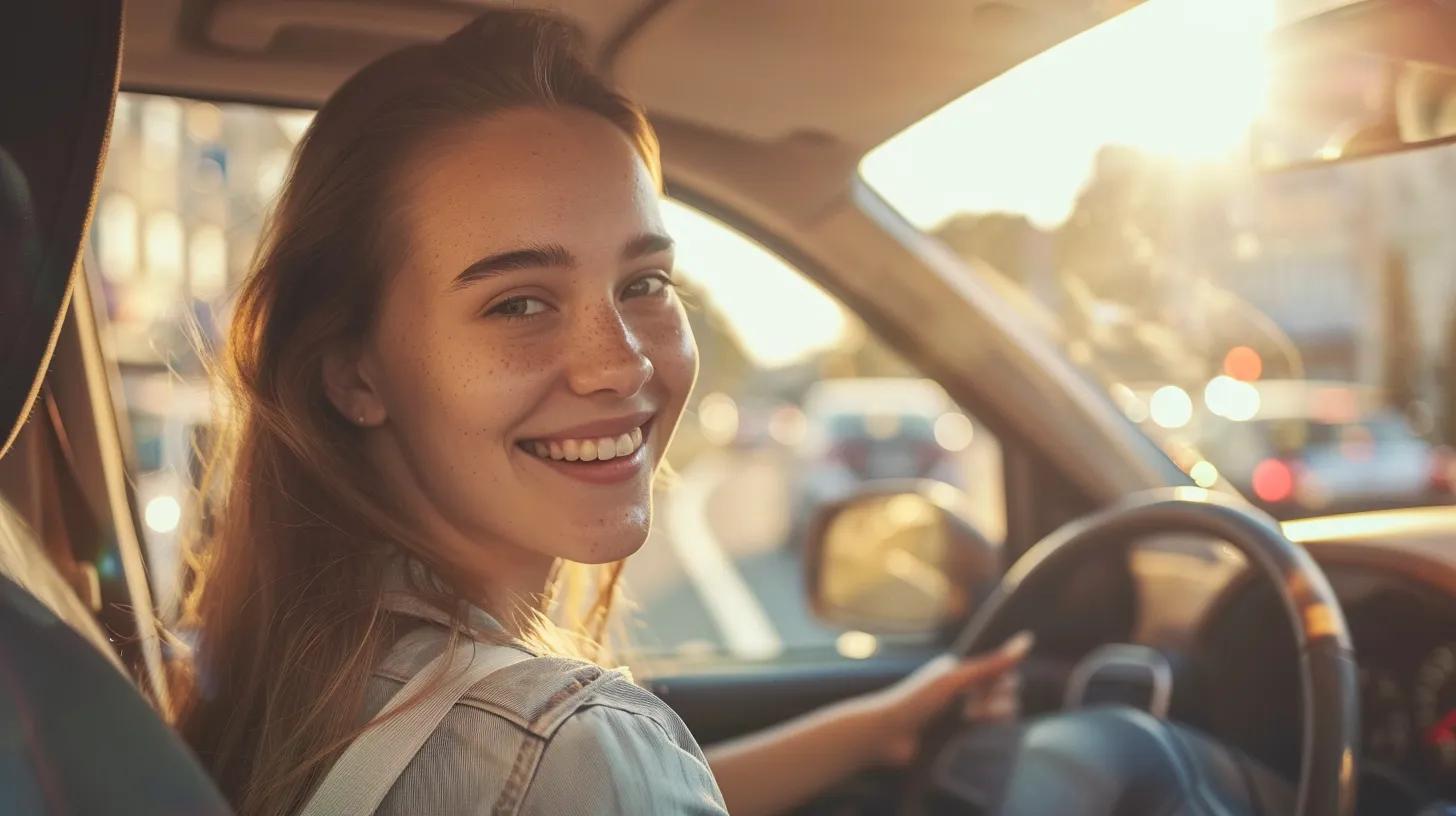girl in the driver's seat smiling while driving in an urban street