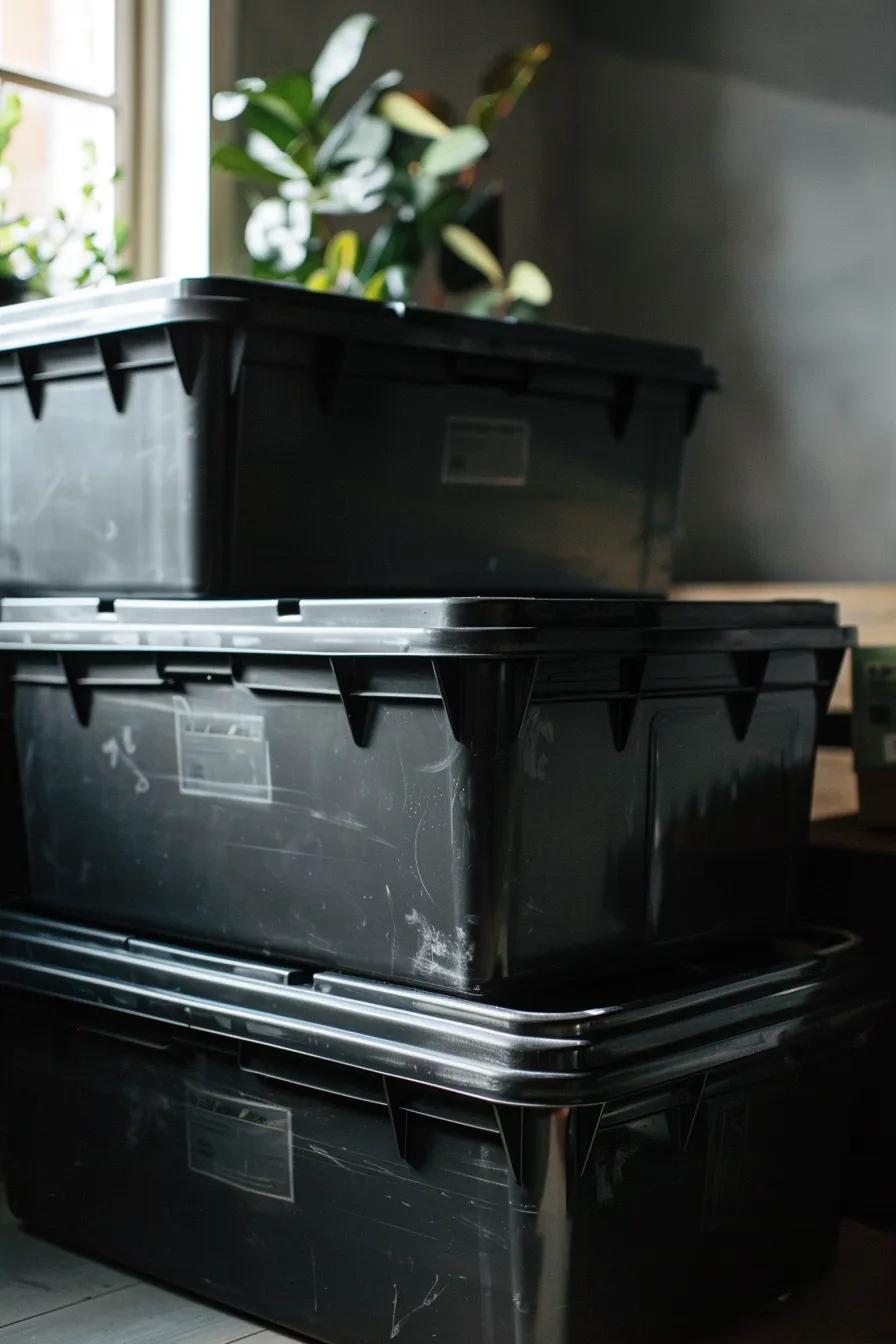 black plastic moving boxes