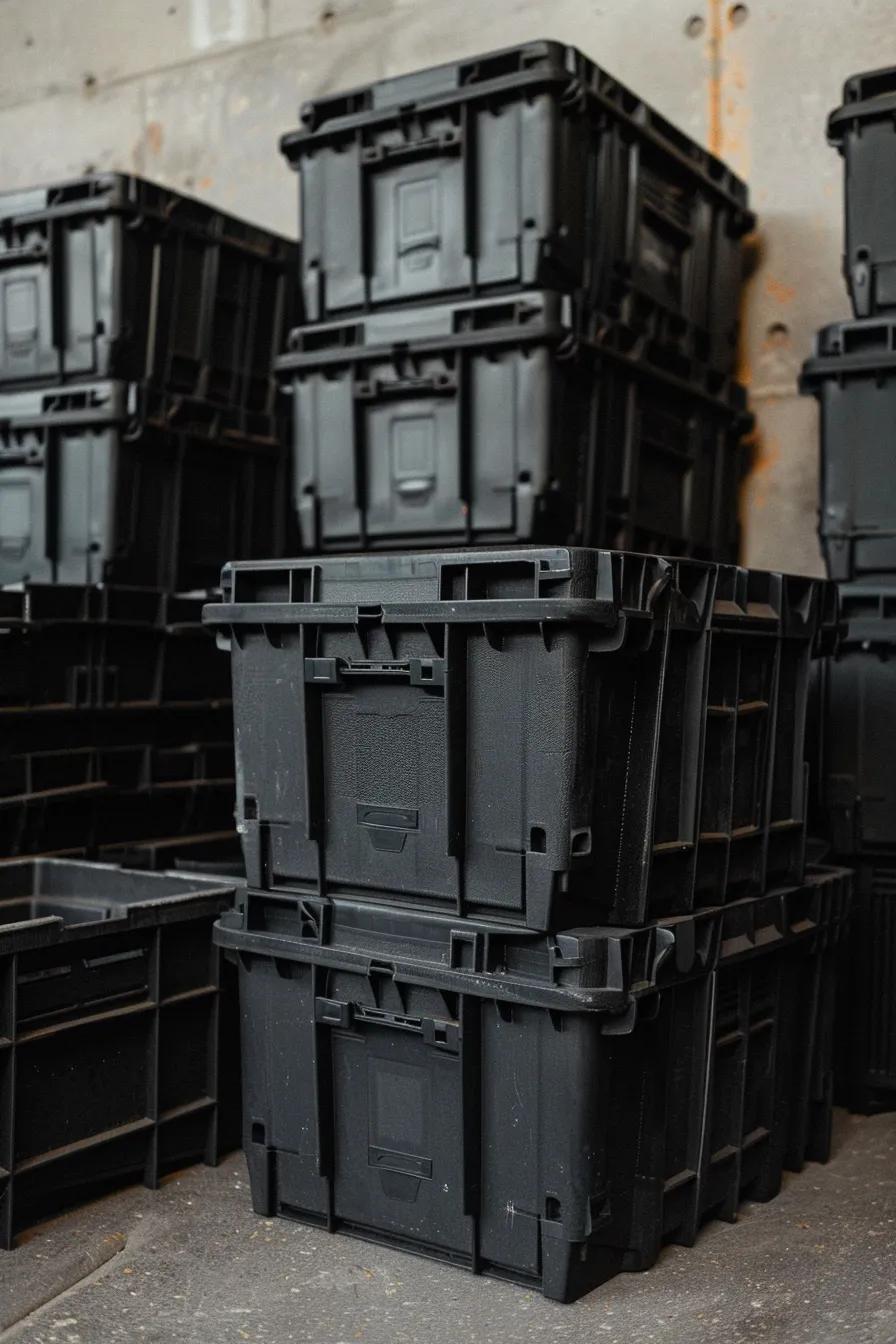 black plastic moving boxes