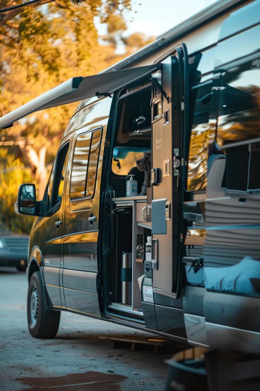 mobile grooming van parked at a home, ready to groom a dog