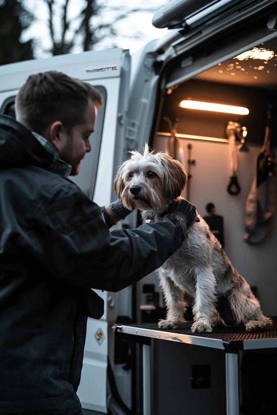 mobile grooming van, grooming a dog