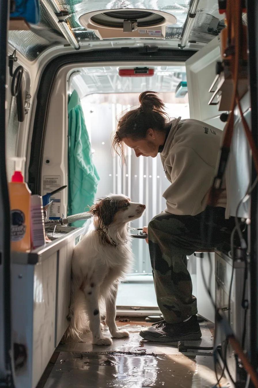 mobile grooming van, grooming a dog