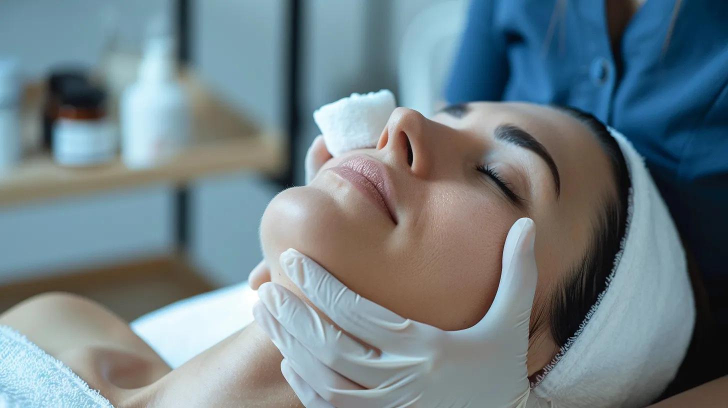 Calm, non-graphic aesthetic recovery scene showing patient applying a cold compress to the chin area after injectable treatment, soft lighting, clean modern environment, wellness-focused style.