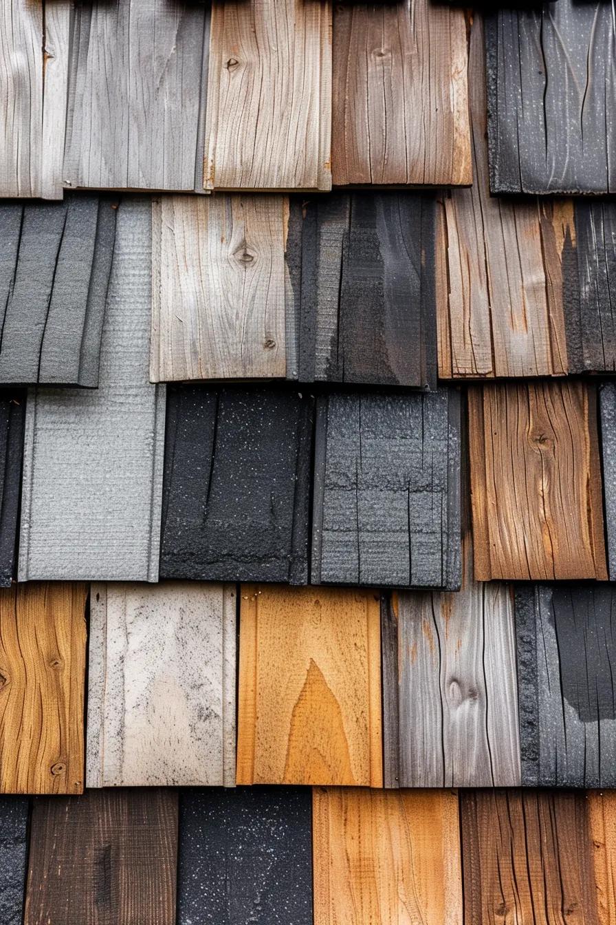 Different types of roofing materials including asphalt shingles, metal sheets, and wooden shingles, representing options for Kansas City homeowners