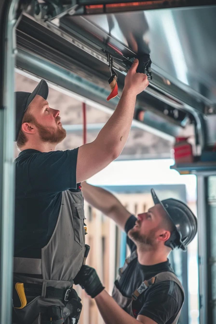 Garage door technicians working together on an installation, demonstrating professionalism