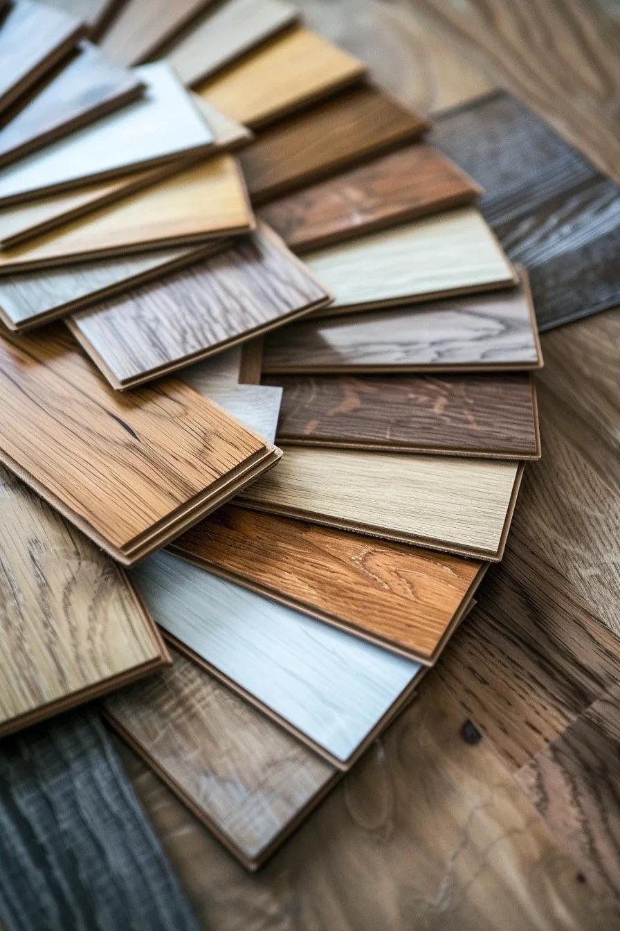 Samples of hardwood, laminate, vinyl and carpet laid out on a table