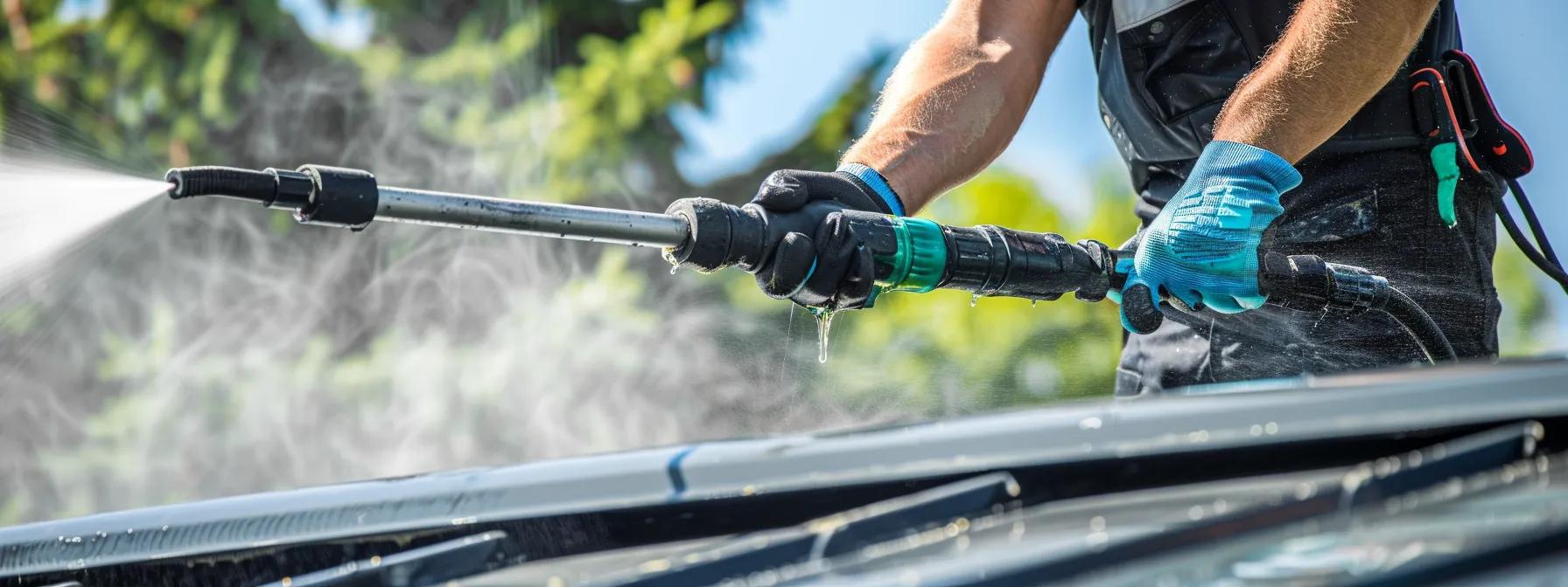 Technician using eco-friendly soft washing solution on a roof in Winnipeg