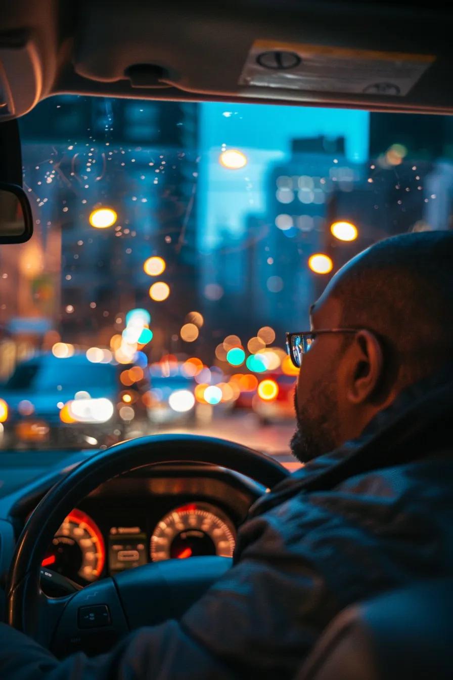 A gig driver behind the wheel of a leased car in the city