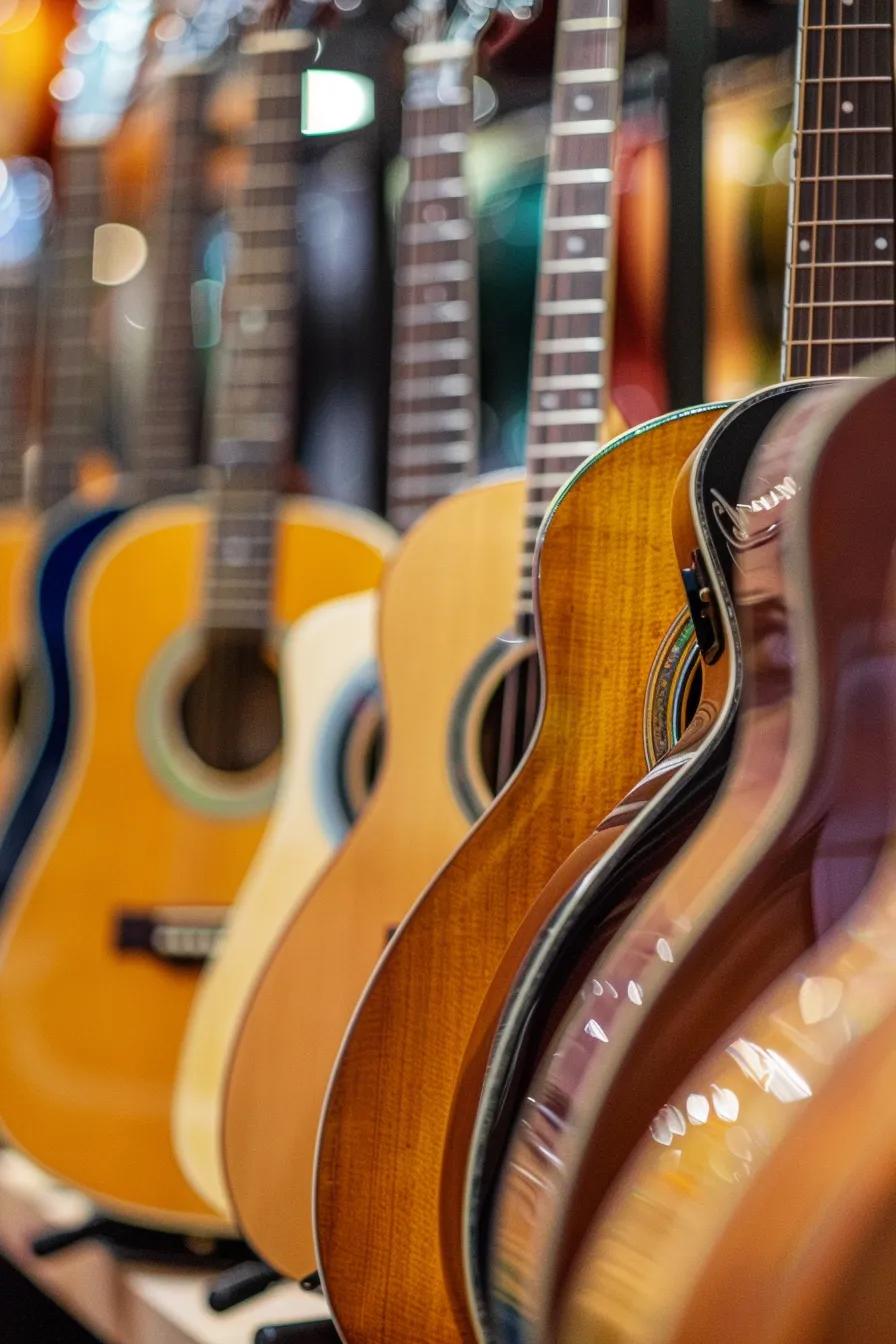 Variety of Yamaha acoustic guitars displayed in a music store, showcasing craftsmanship and design