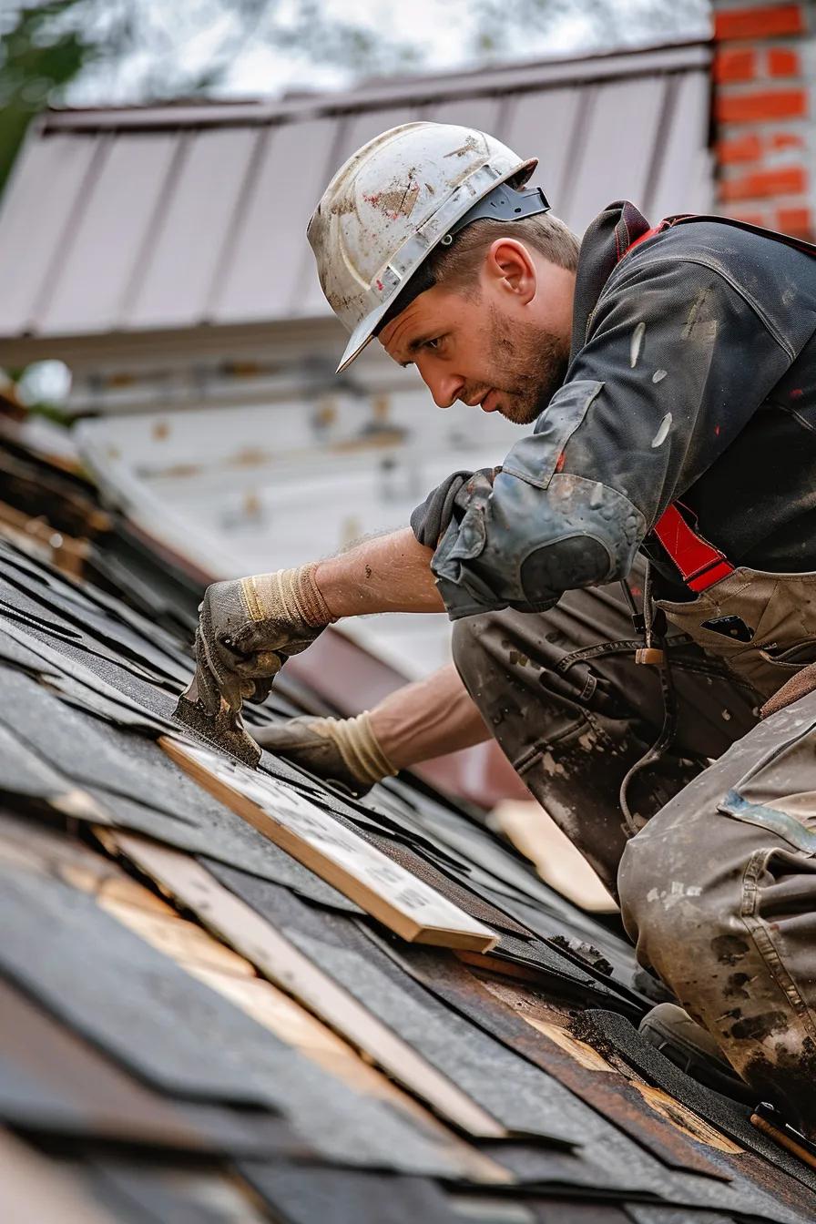 A professional roofer inspecting shingles on a Kansas City home, demonstrating careful workmanship and quality materials