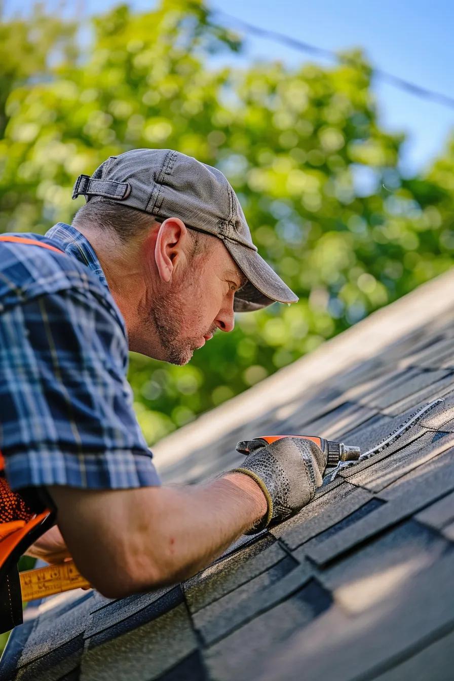A professional roofer inspecting shingles on a Kansas City home, demonstrating careful workmanship and quality materials