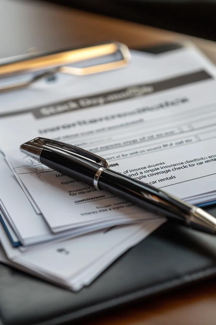Stack of insurance documents and a simple coverage checklist for car rentals