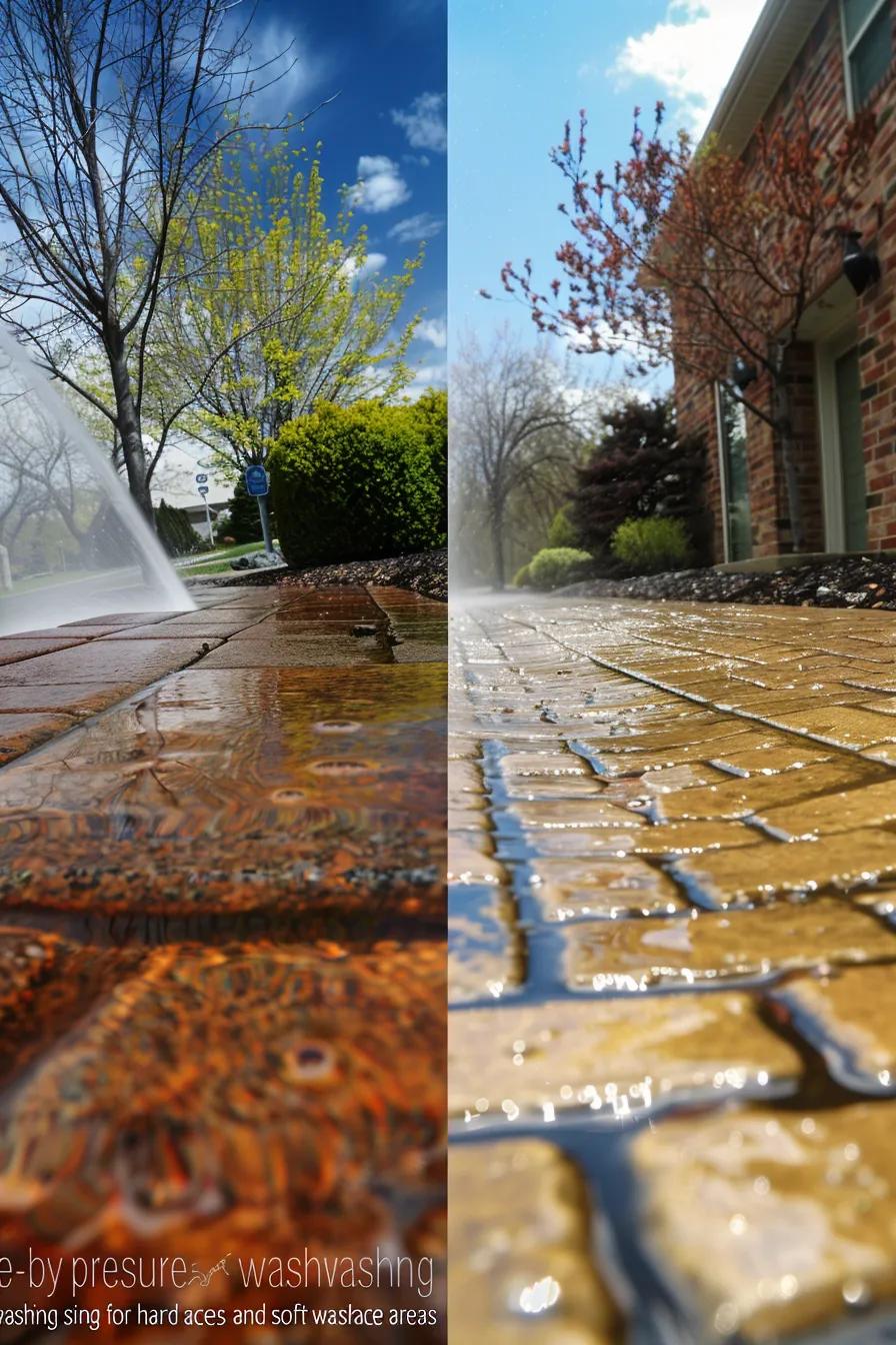 Side-by-side view showing pressure washing for hard surfaces and soft washing for delicate areas