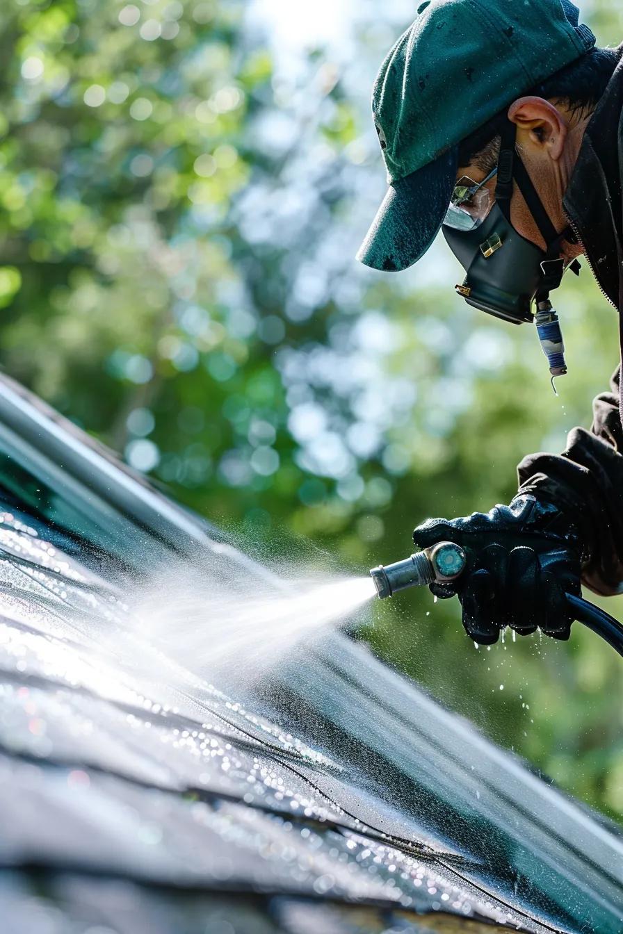 Technician using soft wash techniques on a roof, siding, and deck to protect materials
