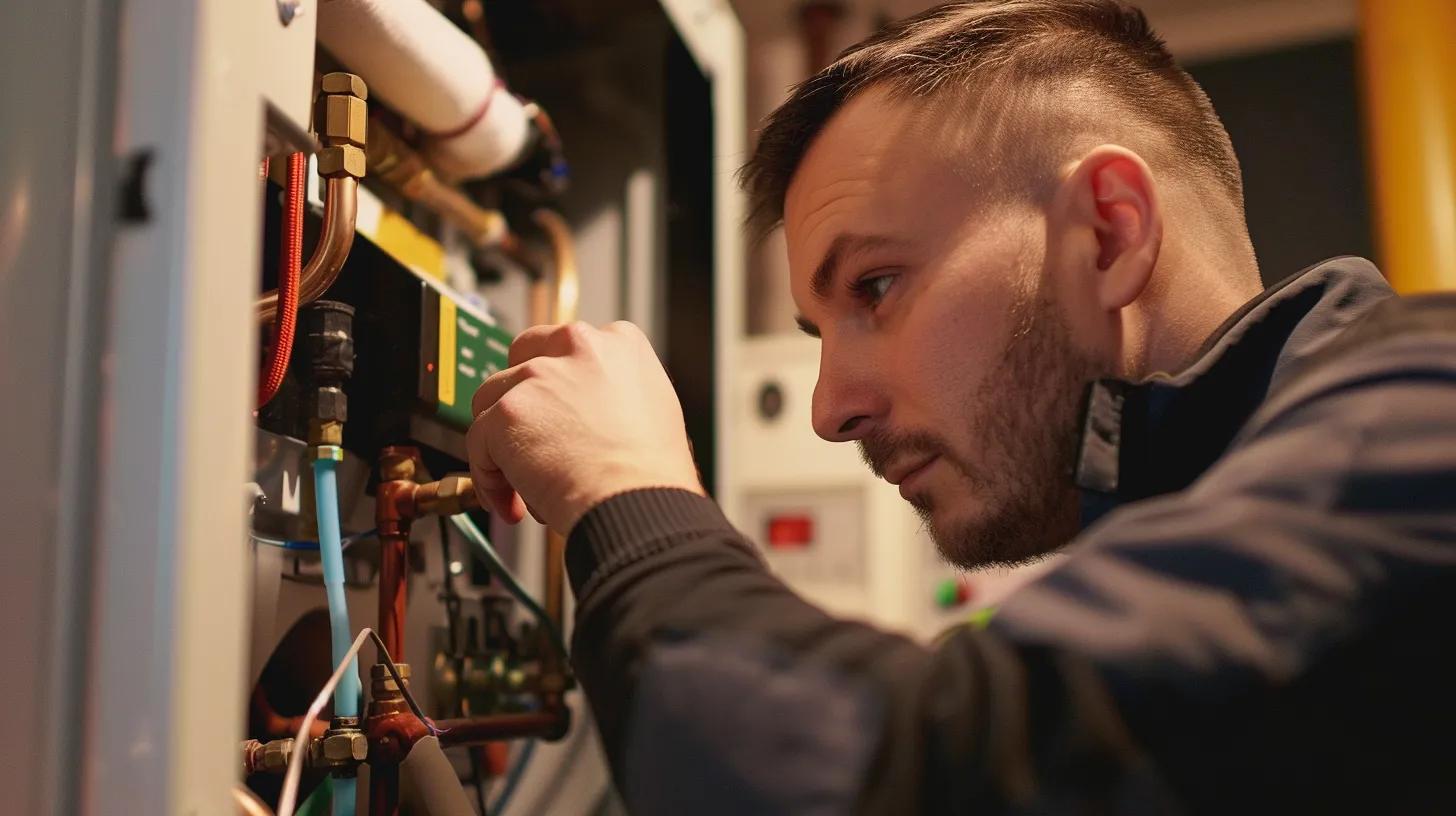technician working on heating equipment in home