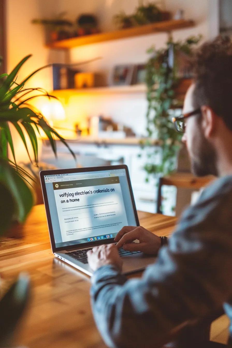 Person verifying electrician's credentials on a laptop in a home office