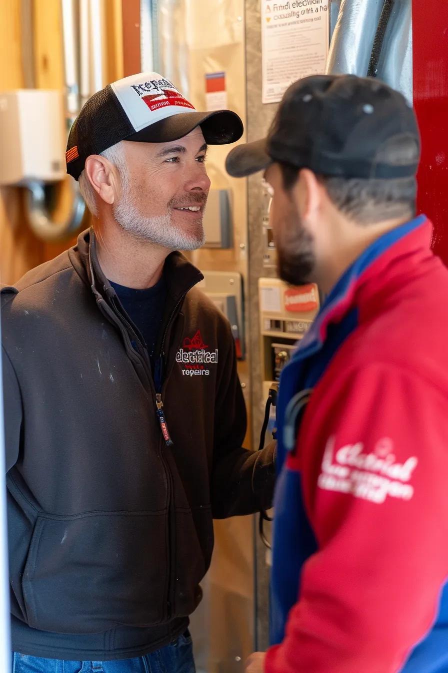 Friendly electrician consulting with a homeowner about electrical repairs