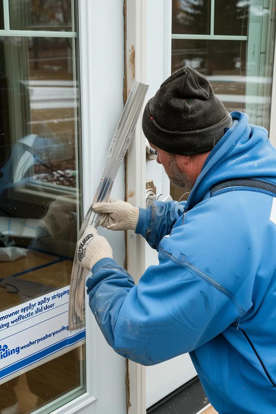 Homeowner applying weatherstripping for effective sliding door weatherproofing