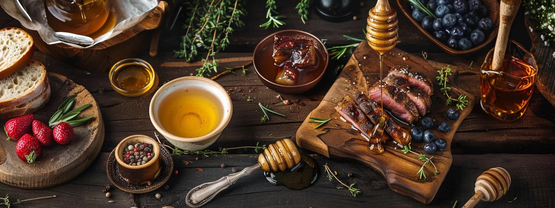 A rustic kitchen scene showing different uses for three honey varieties. A spoon drizzles light clover honey into a cup of tea, wildflower honey is drizzled over yogurt and fruit, and dark buckwheat honey is being brushed onto grilled meat on a wooden cutting board. The table is styled with fresh herbs, bread, and small honey bowls to show the different culinary uses. Soft natural light and a farmhouse kitchen background create a warm, inviting cooking atmosphere. Photorealistic food photography, rich textures, high detail.