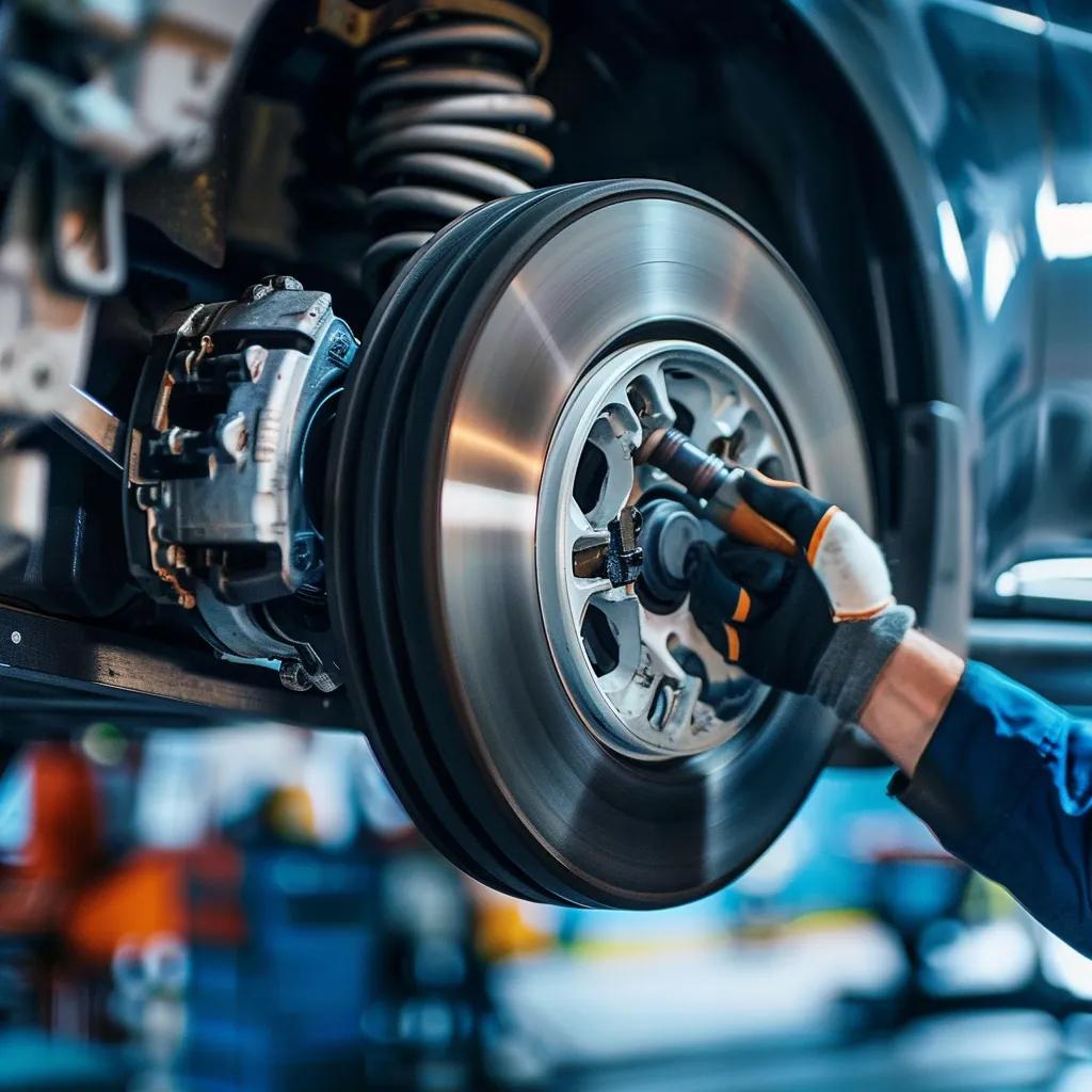 Mechanics performing brake repair and engine diagnostics, showcasing professional auto repair services