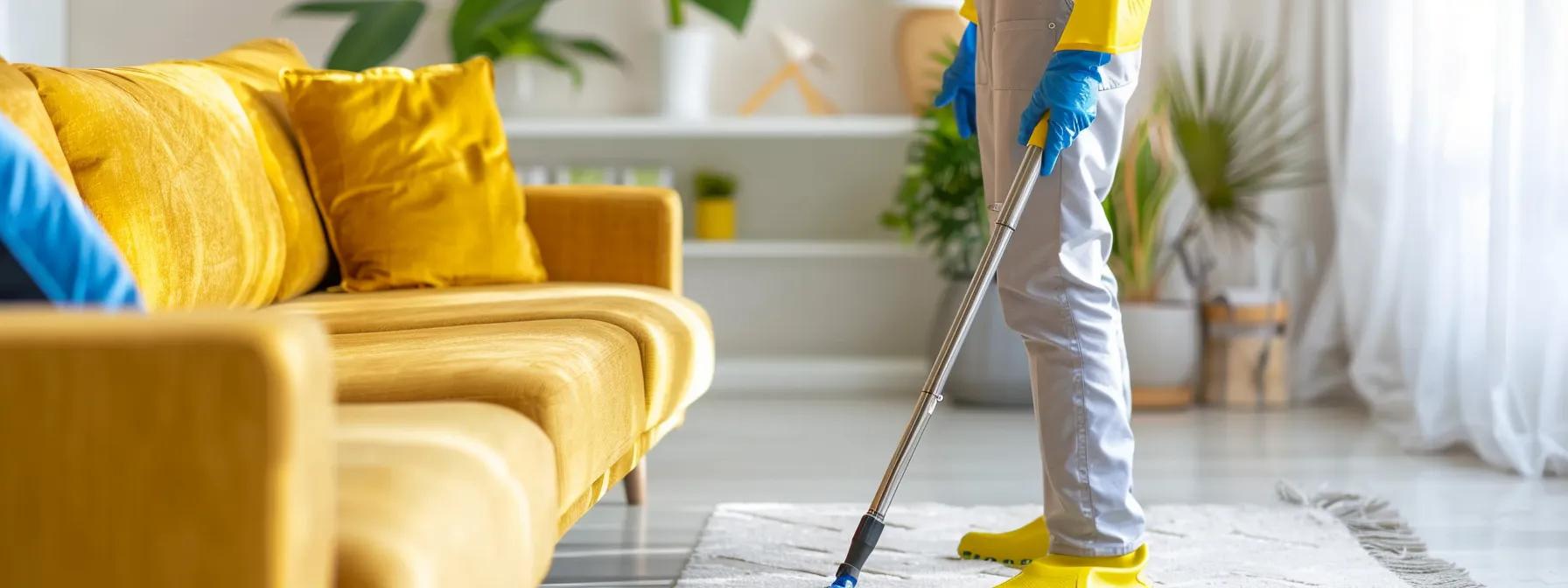 Professional cleaner in a bright living room, emphasizing deep house cleaning services
