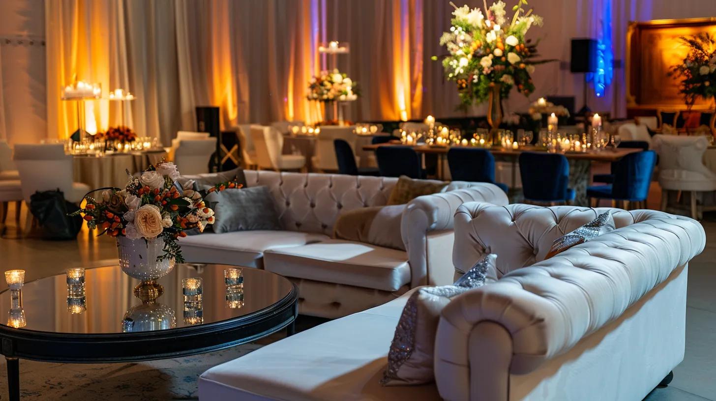 wedding lounge setup, sofas, table, decor, lighting