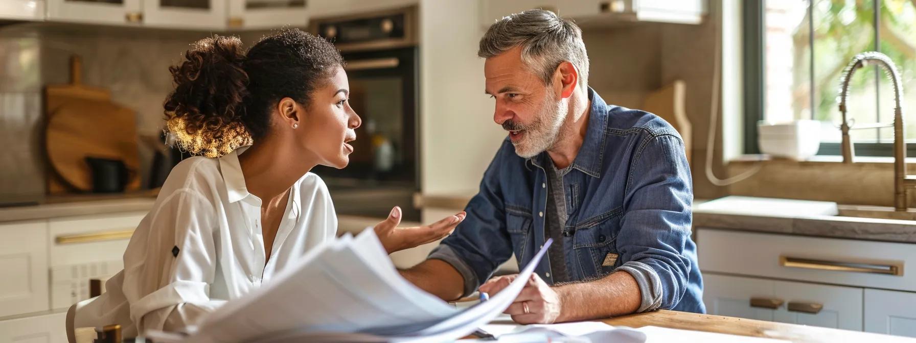 Homeowner discussing roofing options and financing with a contractor at a kitchen table