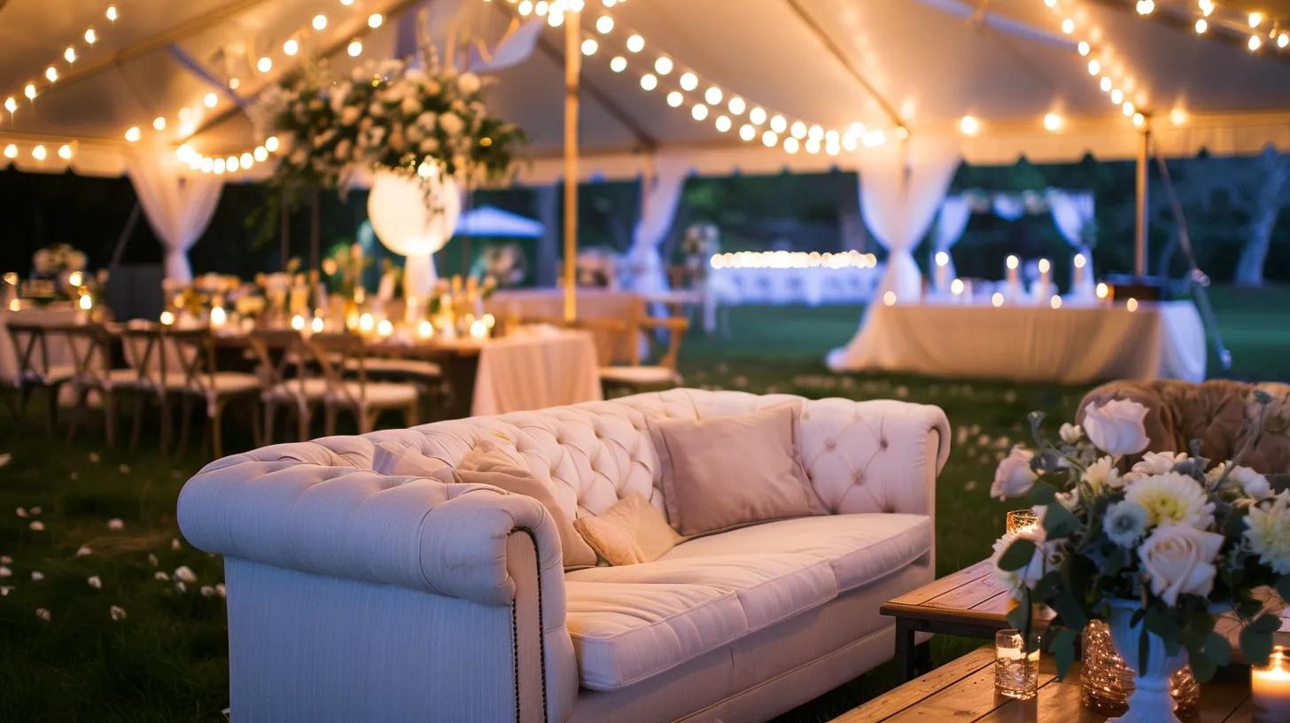 Wedding with tent, lighting, lounge area, tables and linens in summer