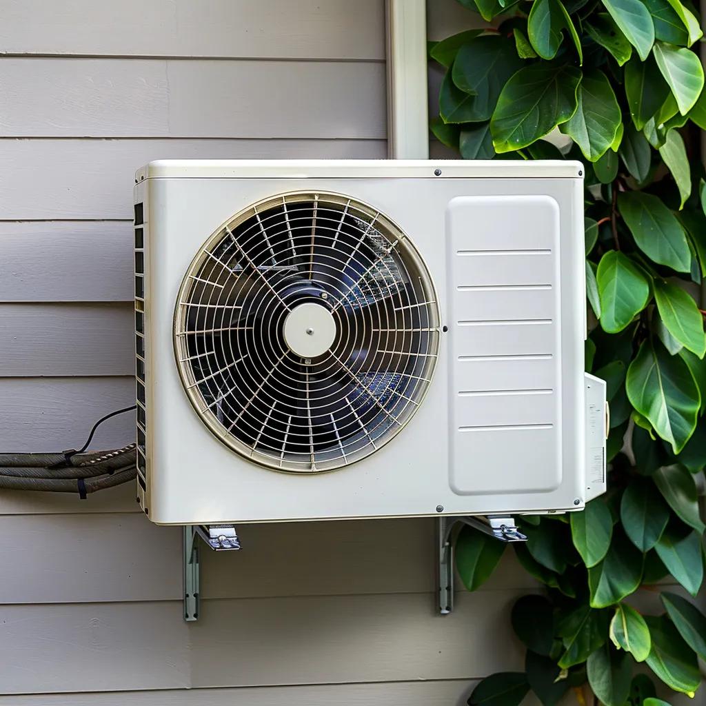 Residential outdoor AC compressor unit installed beside a house exterior wall. Residential outdoor AC compressor unit installed beside a house exterior wall.