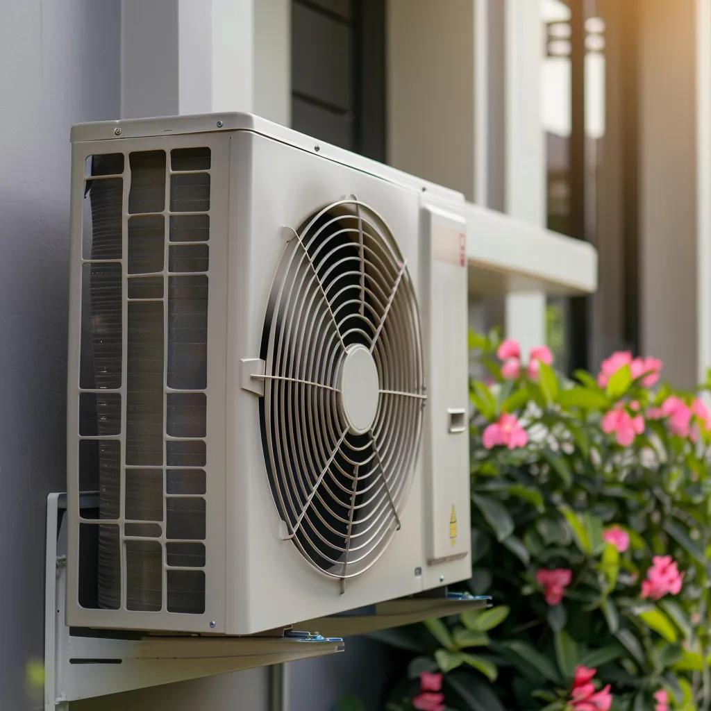 Modern home air conditioning compressor unit with visible cooling fan, simple exterior scene Modern home air conditioning compressor unit with visible cooling fan, simple exterior scene