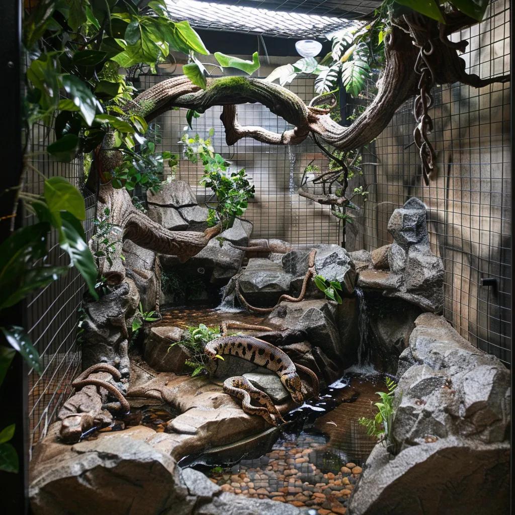 Python habitat setup with naturalistic decor and proper heating
