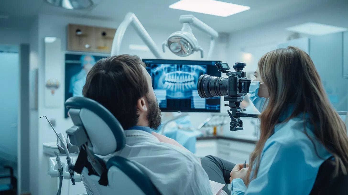 Dentist filming a testimonial video with a patient in a dental practice, highlighting video marketing in dentistry. Using a big camera Sony Fx6