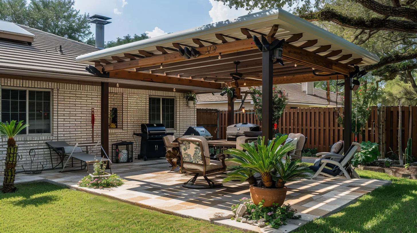 Professional installation of a custom patio cover in Cibolo, TX, showcasing quality craftsmanship