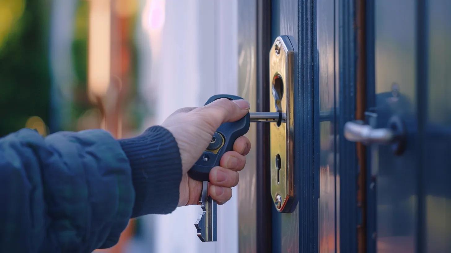 Professional locksmith working on a door lock in a residential setting, emphasizing emergency locksmith services