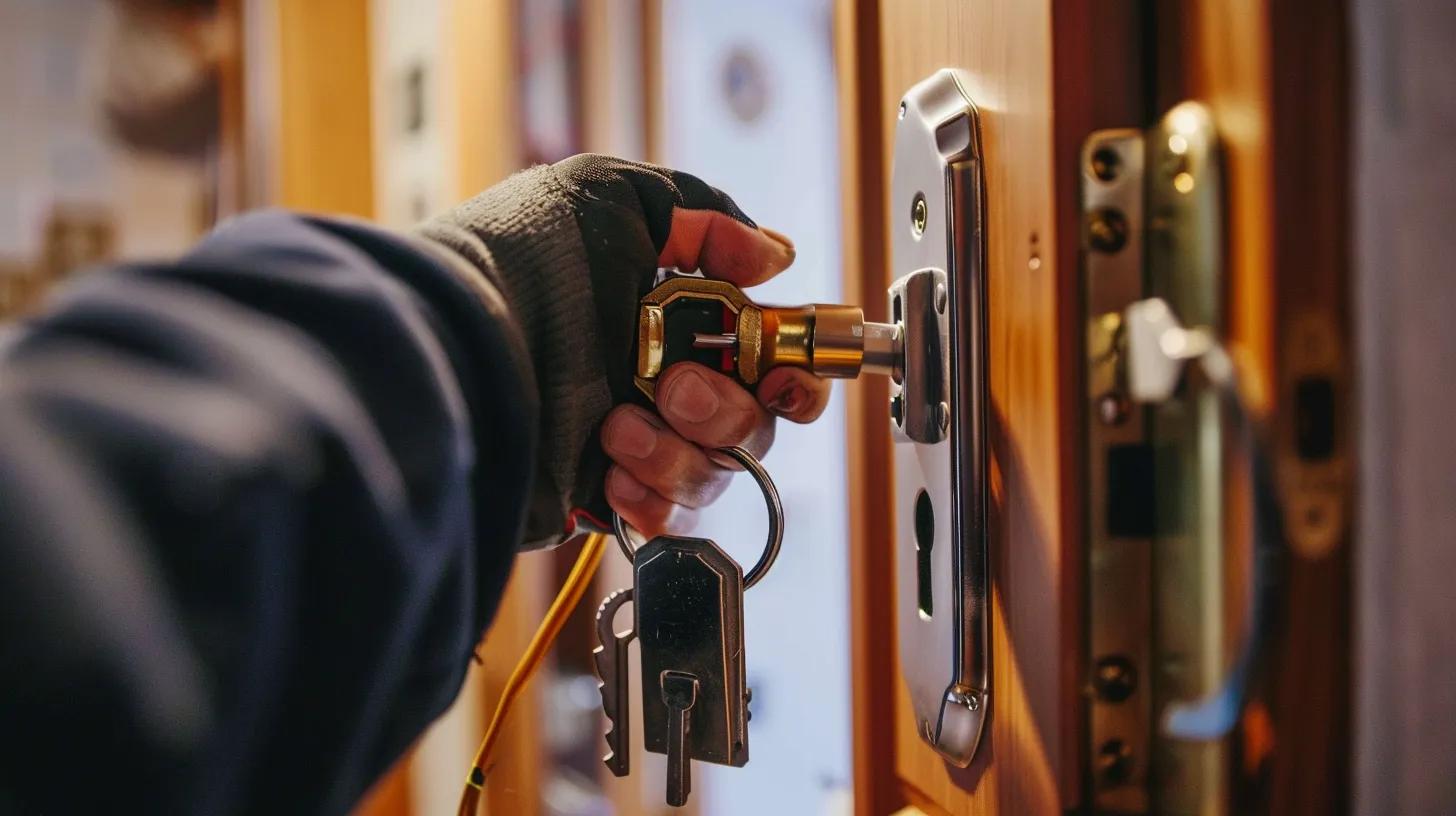 Professional locksmith working on a door lock in a residential setting, emphasizing emergency locksmith services