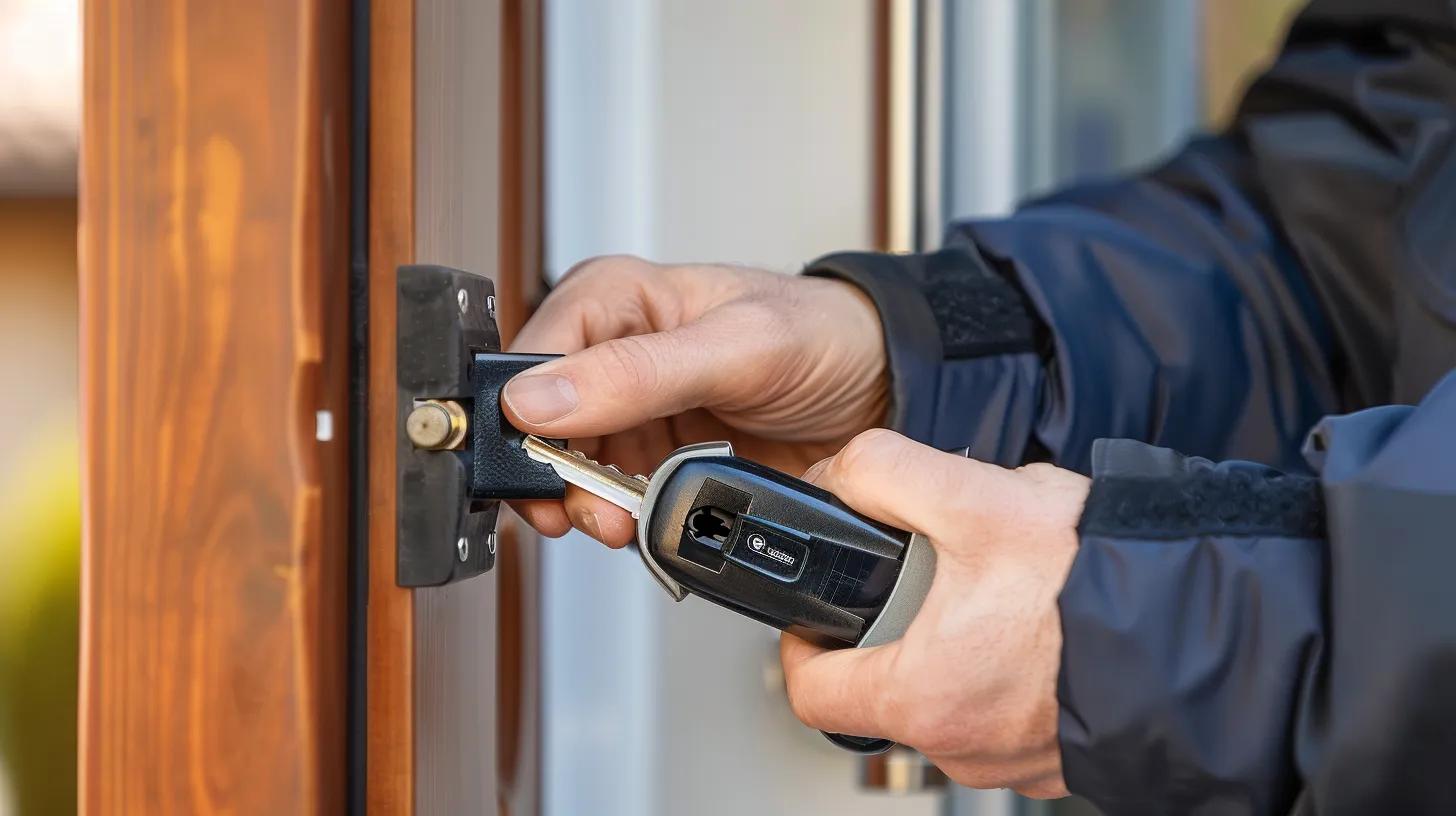 Professional locksmith working on a door lock in a residential setting, emphasizing emergency locksmith services