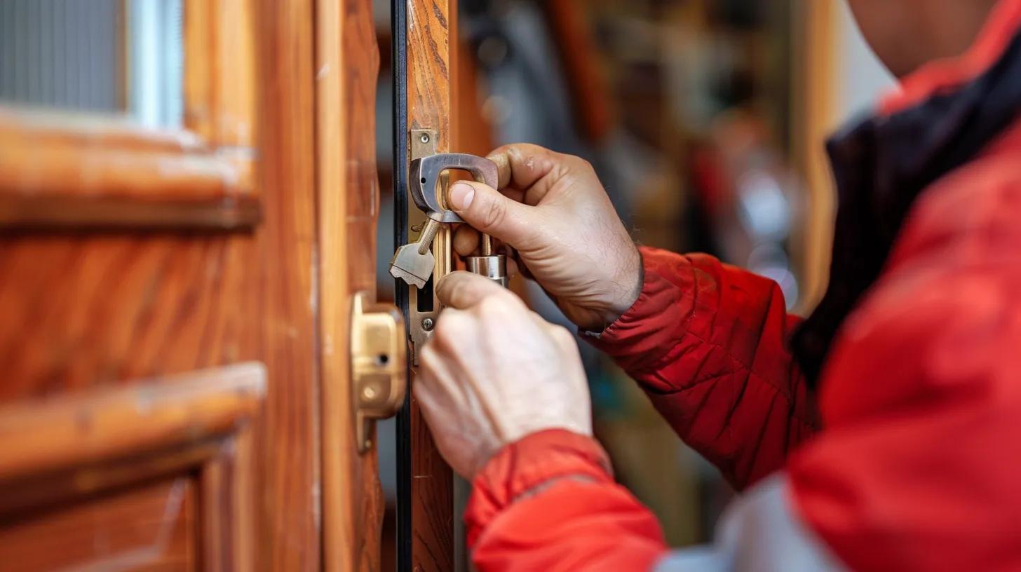 Professional locksmith working on a door lock in a residential setting, emphasizing emergency locksmith services
