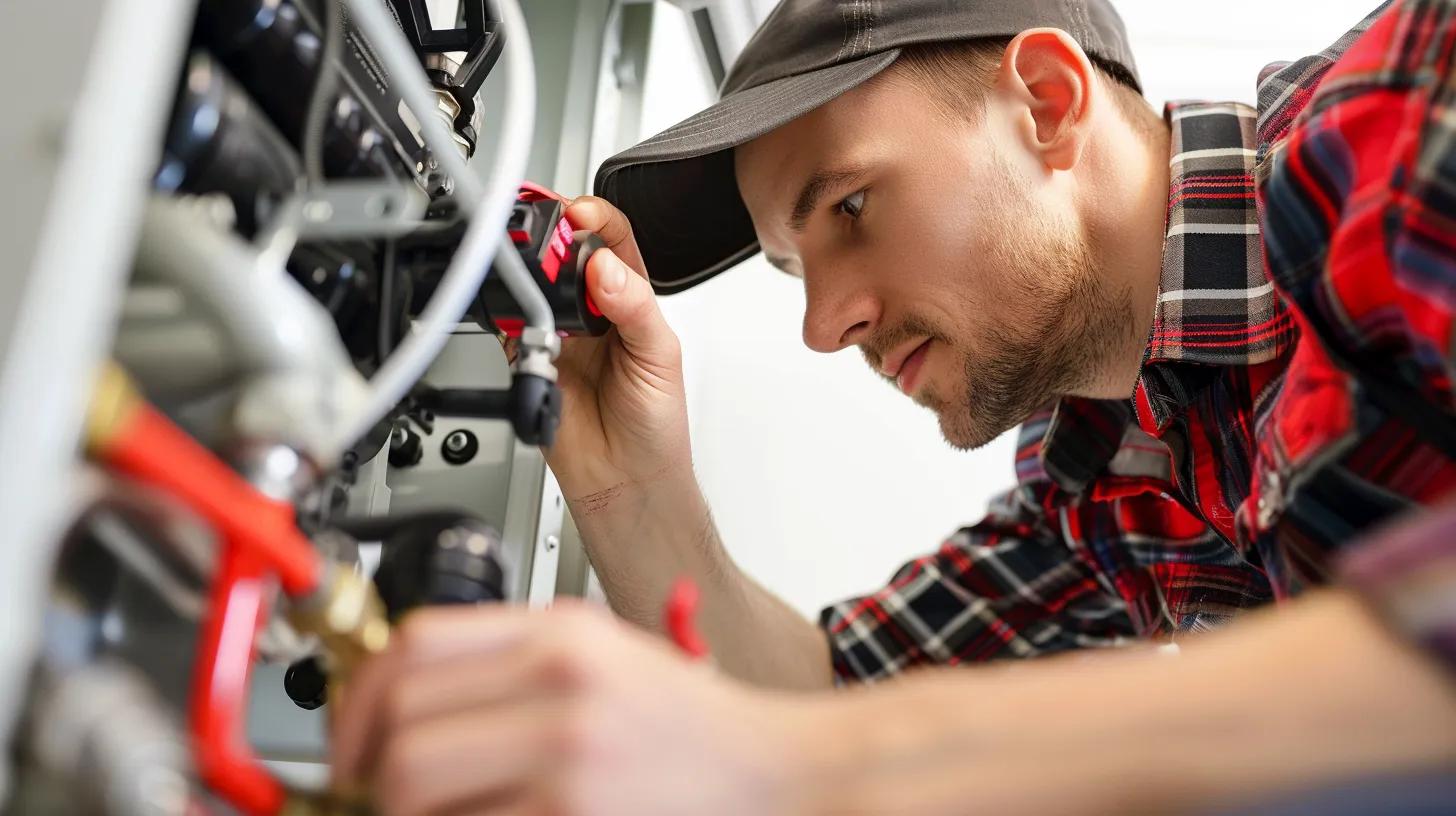Technician performing boiler maintenance in a cozy home environment